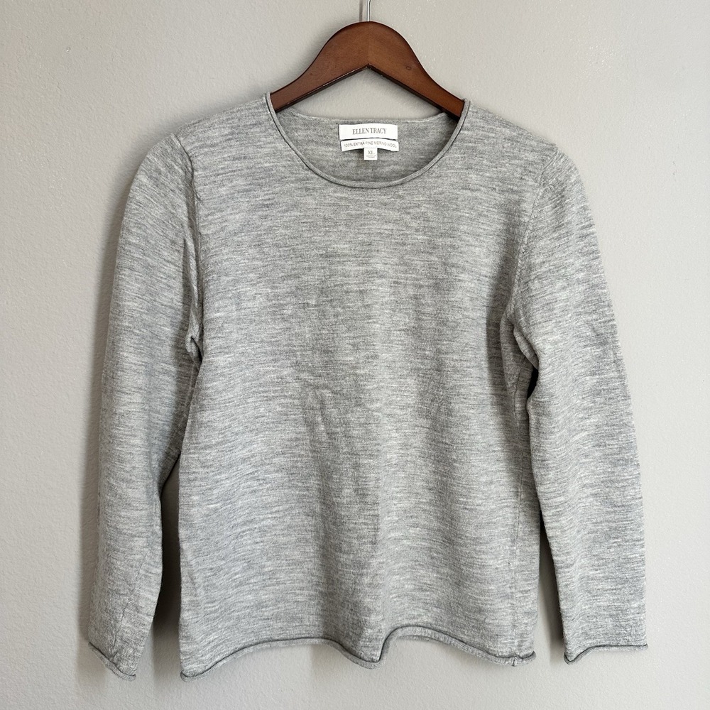 Ellen Tracy Gray 100% Merino Wool Crewneck Sweater Quiet Luxury Minimalist XL